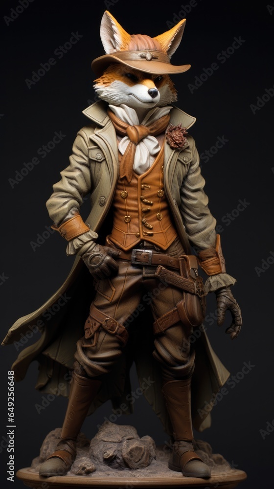 Western style fox animal, with hat and old clothes. High detailed photo realistic. Black or dark background Generative AI