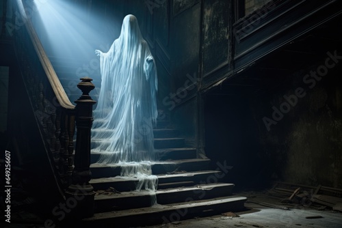 ghostly figure floating above an old staircase
