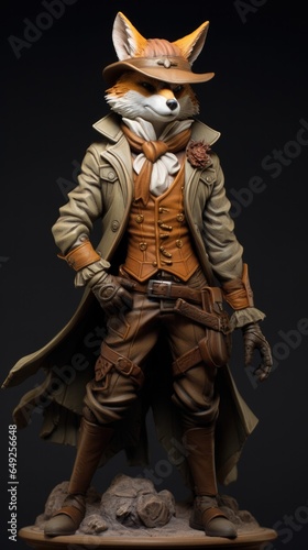 Western style fox animal, with hat and old clothes. High detailed photo realistic. Black or dark background Generative AI © dm