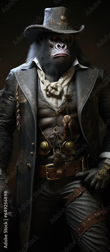 Obraz premium Western style gorilla animal, with hat and old clothes. High detailed photo realistic. Black or dark background Generative AI