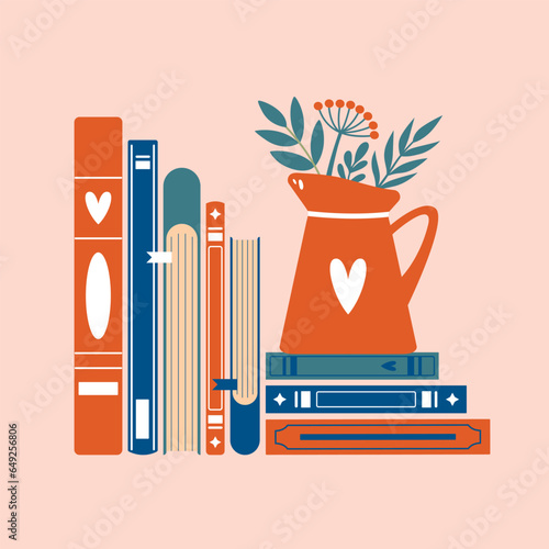World Book Day. Cute illustration with stack of books, plants, leaves, berries, jug. Creative clip art for sticker, banner, card, poster. Flat design.	