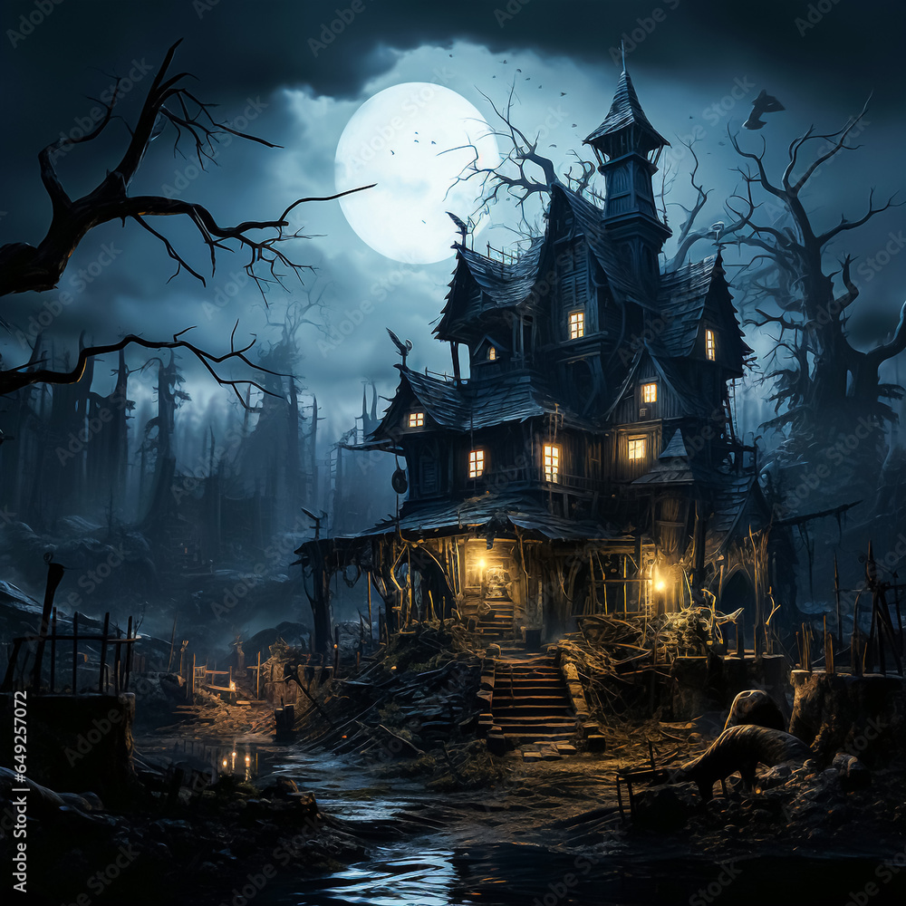 Mysterious Castle at Night Enveloped in Fog, Lights Shine 3d illustration high quality halloween