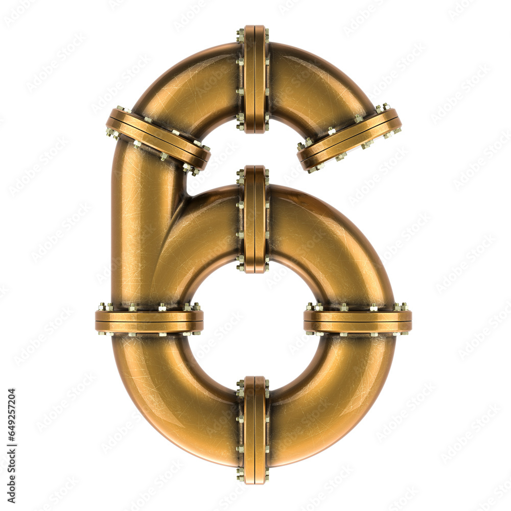 Number 6 from copper, bronze or brass pipes, 3D rendering isolated on transparent background