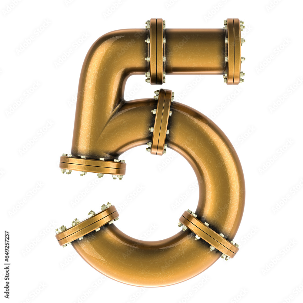 Number 5 from copper, bronze or brass pipes, 3D rendering isolated on transparent background