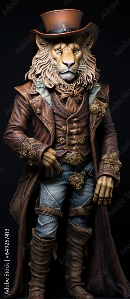 Fototapeta premium Western style lion animal, with hat and old clothes. High detailed photo realistic. Black or dark background Generative AI