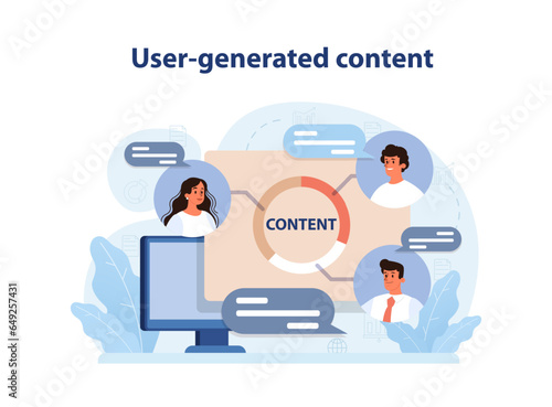 UGC or user generated content. Content marketing. Social media communication