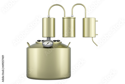 Alcohol distiller, moonshine still, side view. 3D rendering isolated on transparent background photo