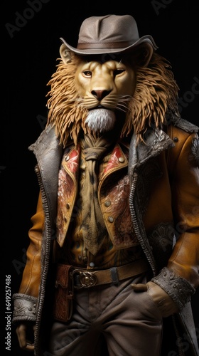Western style lion animal, with hat and old clothes. High detailed photo realistic. Black or dark background Generative AI