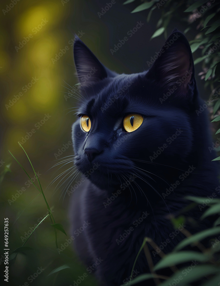 Black cat close-up in the natural environment