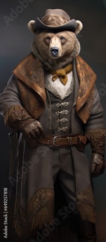 Western style bear animal, with hat and old clothes. High detailed photo realistic. Black or dark background Generative AI