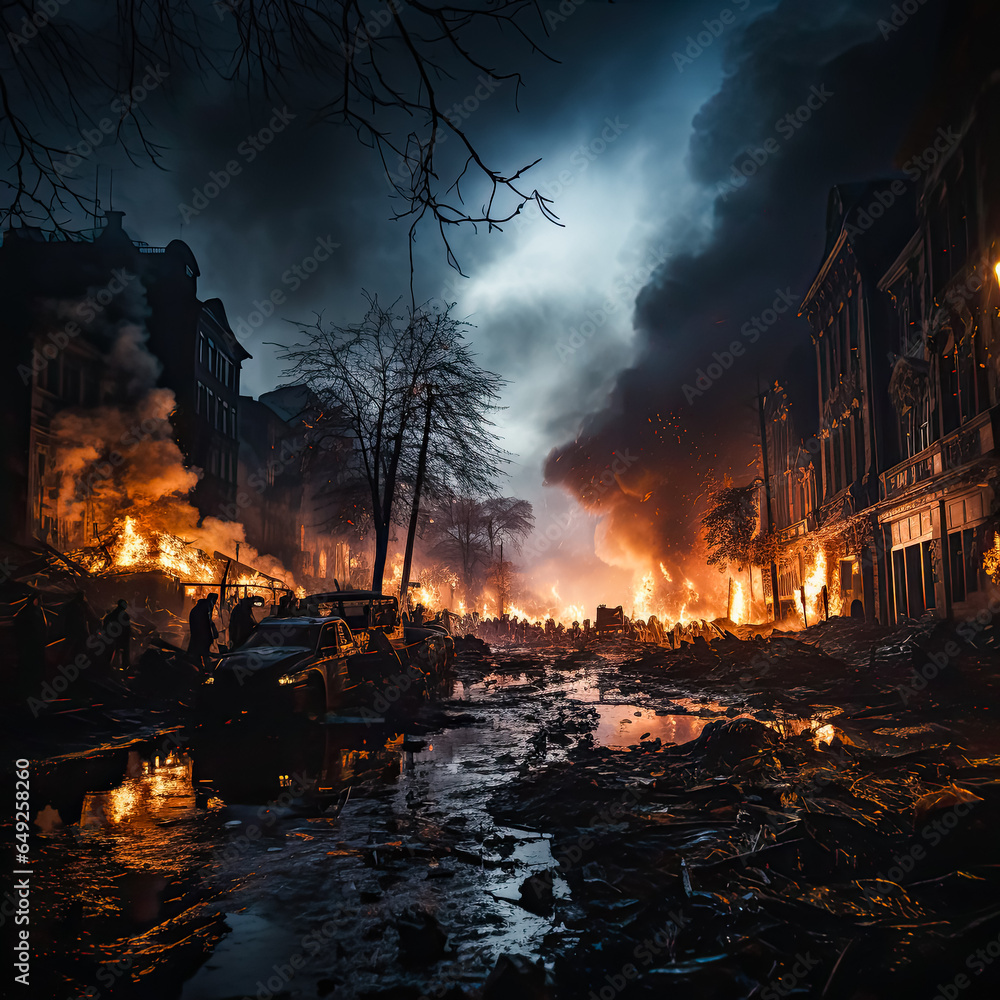 the city is consumed by fire and smoke from bombs high quality 3D illustration