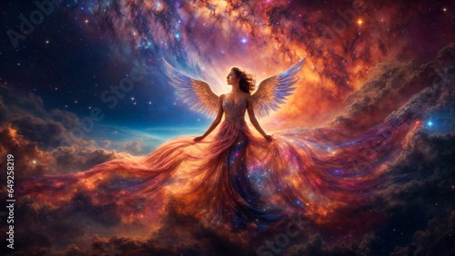 Celestial Serenity: A Beautiful Angel Embraced by Cosmic Colors and Starlight in Her Flowing Dress.