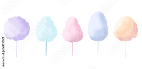 A large flat vector cartoon set of watercolor cotton candy. Sweet street food for kids and adults. Isolated drawing on a white background.