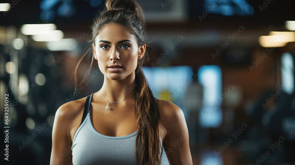 Young fit smiling woman portrait in gym.