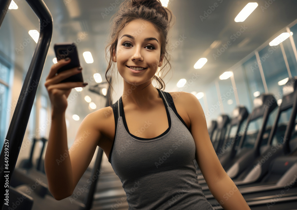 Selfie picture, Young woman using smart phone taking selfie at the gym Selfie picture, Young woman using smart phone taking selfie at the gym
