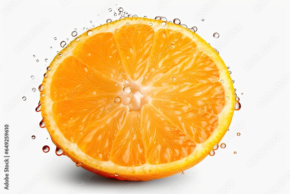 Tasty wet orange with fresh juice isolated on white background. Generative AI Tasty wet orange with fresh juice isolated on white background. Generative AI