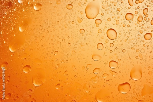 Realistic orange background with transparent droplets range of liquid lie on on motley backdrop. Generative AI