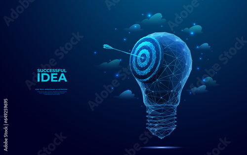 Abstract light bulb and target with arrow in bullseye in futuristic low poly wireframe style. Successful start-up and achievement concept. Blue hologram of lamp and aim. Polygonal vector illustration.