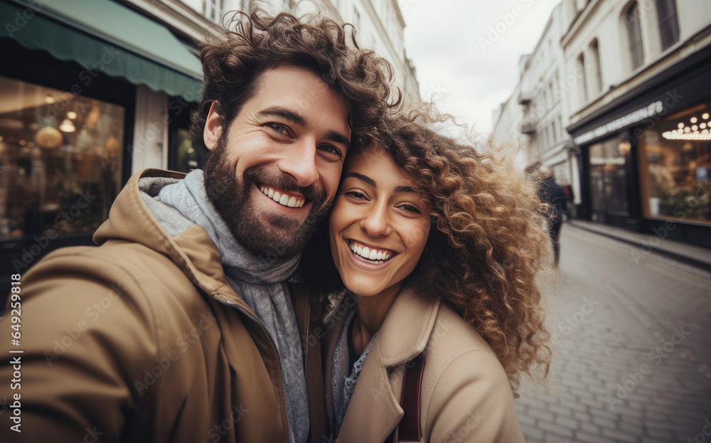 Portrait of young smiling lover couple in the street in winter.