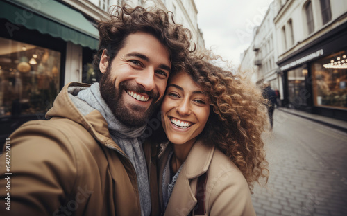 Portrait of young smiling lover couple in the street in winter.