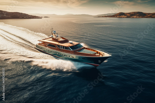 Aerial view of skipper driving luxury yacht in sea against sky