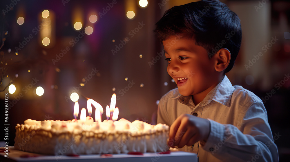 Indian Boy Making a Birthday Wish and Blowing Out Candles. Generative AI