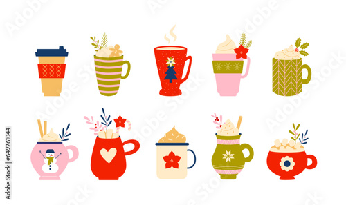 Set of winter hot drinks. Coffee, chocolate, marshmallow, cocoa. Christmas and New Year colorful mugs and cups. Retro vintage nostalgia.