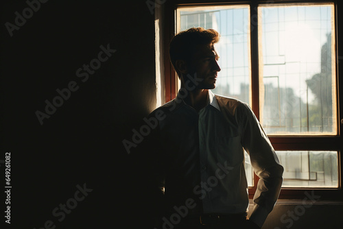 adult man standing beside window with sunlight and shadow