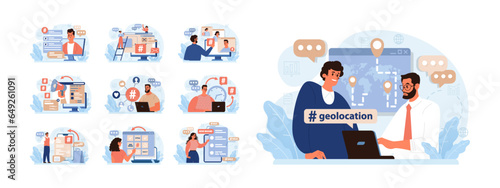 Hashtag set. Character using digital device for sending posts and sharing