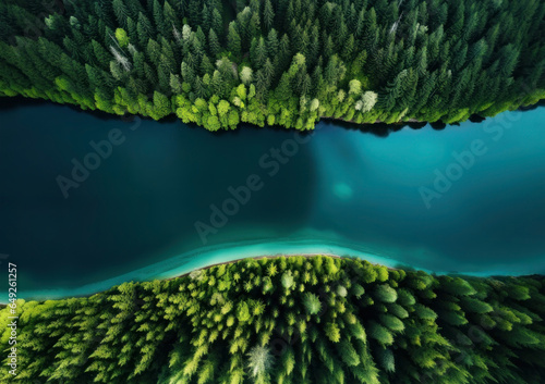 Aerial shot of a blue water lake or river surrounded by green forest