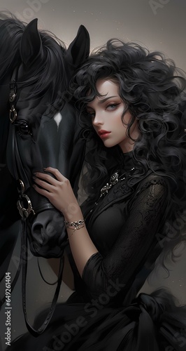 a black haired beautiful woman with pale and charming face  goth girl riding a black stalion horse  in the style of bold curves anime or game character design. generative AI