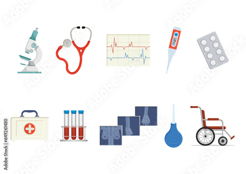 Collection of medical equipment clipart in flat design. Vector Illustration of medical items and tools