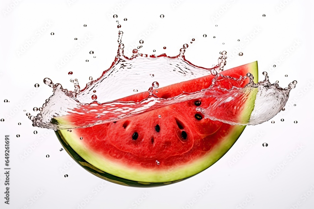 Tasty watermelon fruit with water splash isolated on white background. Fresh summer fruit. Generative AI