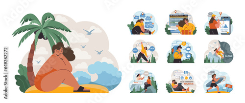 Solo travel, honeymoon set. Female character traveling alone.