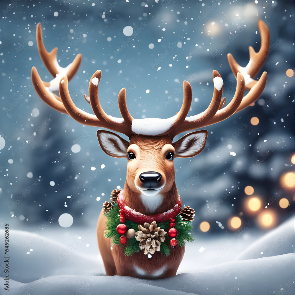 beautiful christmas reindeer on a winter background with snow in backlight beautiful christmas reindeer on a winter background with snow in backlight