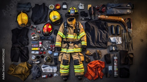 Gear on the ground, firefighting readiness, emergency response, safety commitment. Generated by AI. © Кирилл Макаров