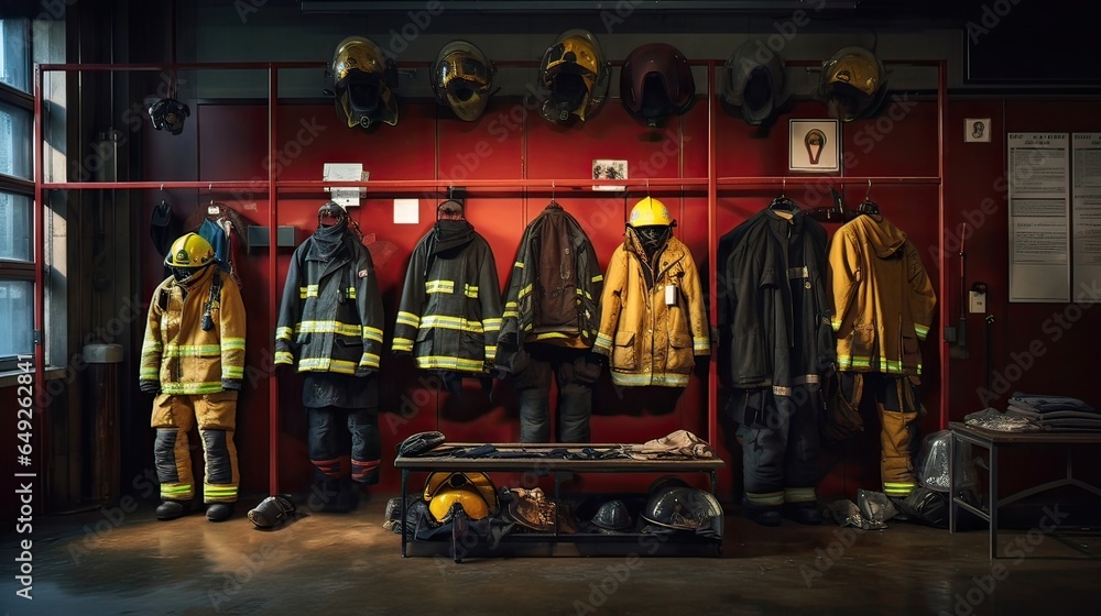 Crucial firefighting equipment, safety attire, well-organized presentation, first responders' uniform, readiness for action, protective clothing. Generated by AI. - obrazy, fototapety, plakaty 