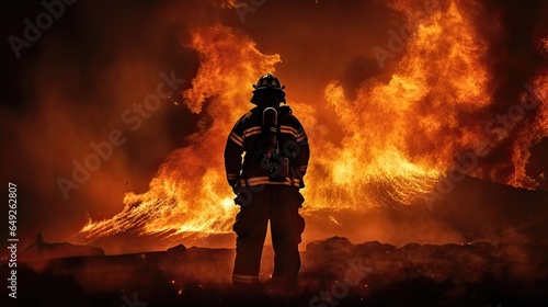 Brave heroes battling flames, firefighting silhouette, emergency response, fearless first responders, intense inferno, danger, courageous firefighting. Generated by AI.