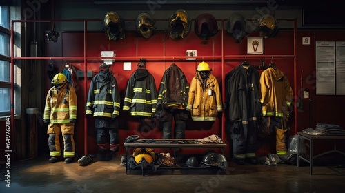 Crucial firefighting equipment, safety attire, well-organized presentation, first responders' uniform, readiness for action, protective clothing. Generated by AI.