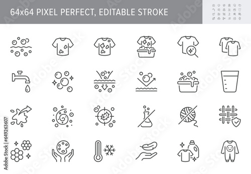 Laundry detergent line icons. Vector illustration include icon - softener, bubble, wool protection, antibacterial outline pictogram for washing powder property. 64x64 Pixel Perfect, Editable Stroke