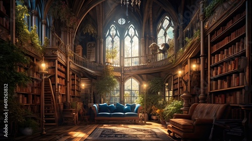 Historic library featuring rows of books and a welcoming. Antique volumes, bookshelves, reading corner, classic literary collection, comfortable seating, literary atmosphere. Generated by AI. © Кирилл Макаров
