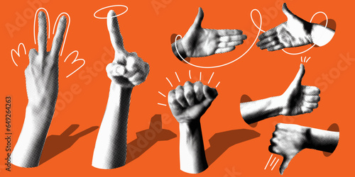 Set of retro halftone hands. Paper cutout elements. Hands gesture. Y2K style. Trendy vintage newspaper parts. Halftone collage element. Dotted pop art style. Like, dislike, shaking hands, index finger