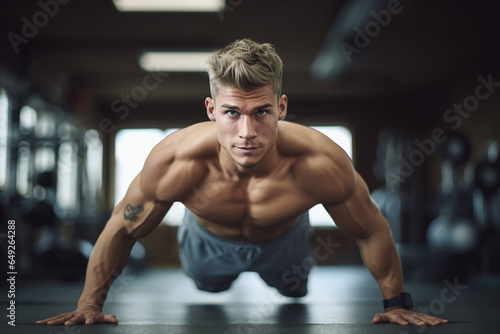 A young male athlete doing push-ups in the gym