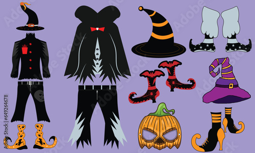 Halloween Costumes Set with Spooky Witch Hat and Scary Vest, Creepy Pumpkin Mask Vector with Halloween Wizard Shoes photo