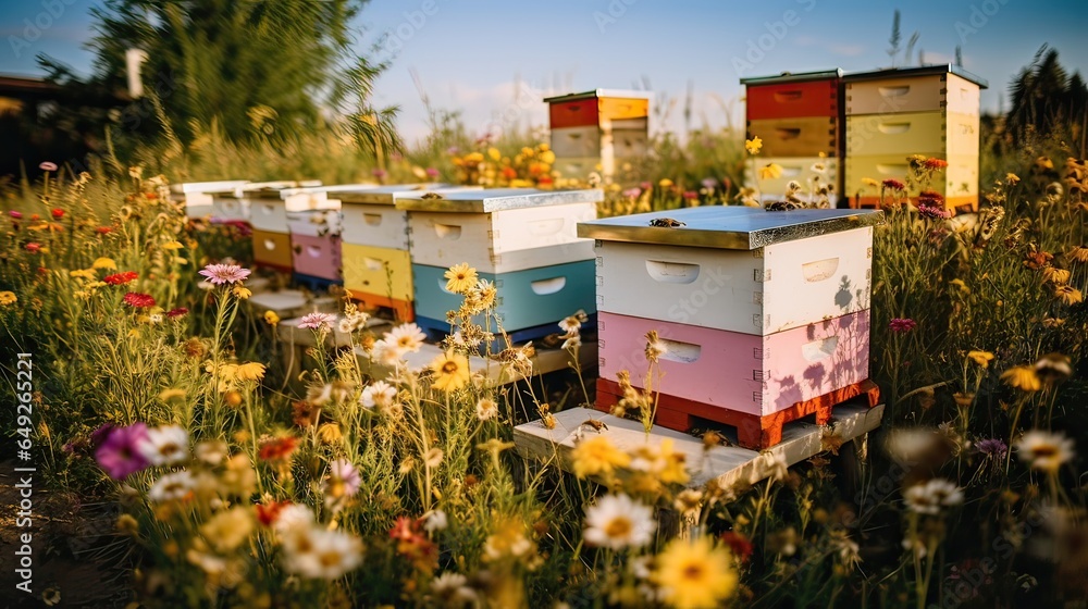 Pollination, nature's harmony, beekeeping, colorful meadow, honey production, bee colonies, springtime beauty, floral abundance, ecological balance, buzzing life. Generated by AI.