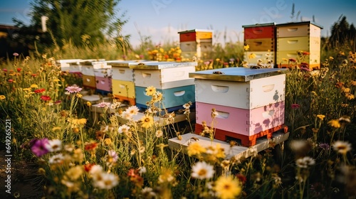 Pollination, nature's harmony, beekeeping, colorful meadow, honey production, bee colonies, springtime beauty, floral abundance, ecological balance, buzzing life. Generated by AI. © Кирилл Макаров