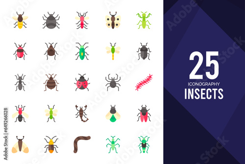 25 Insects Flat icons pack. vector illustration.