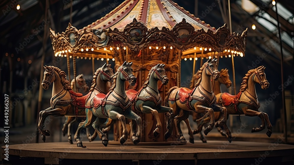 Antique carousel. Vintage joy, carousel elegance, wooden horse magic, family entertainment, enduring charm. Generated by AI. - obrazy, fototapety, plakaty 
