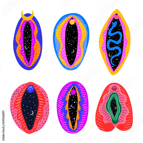 abstract image of a vagina. outer space, planets, moon and stars. snake tempter and plant herbs. printing on fabric and paper. radical feminism. vector