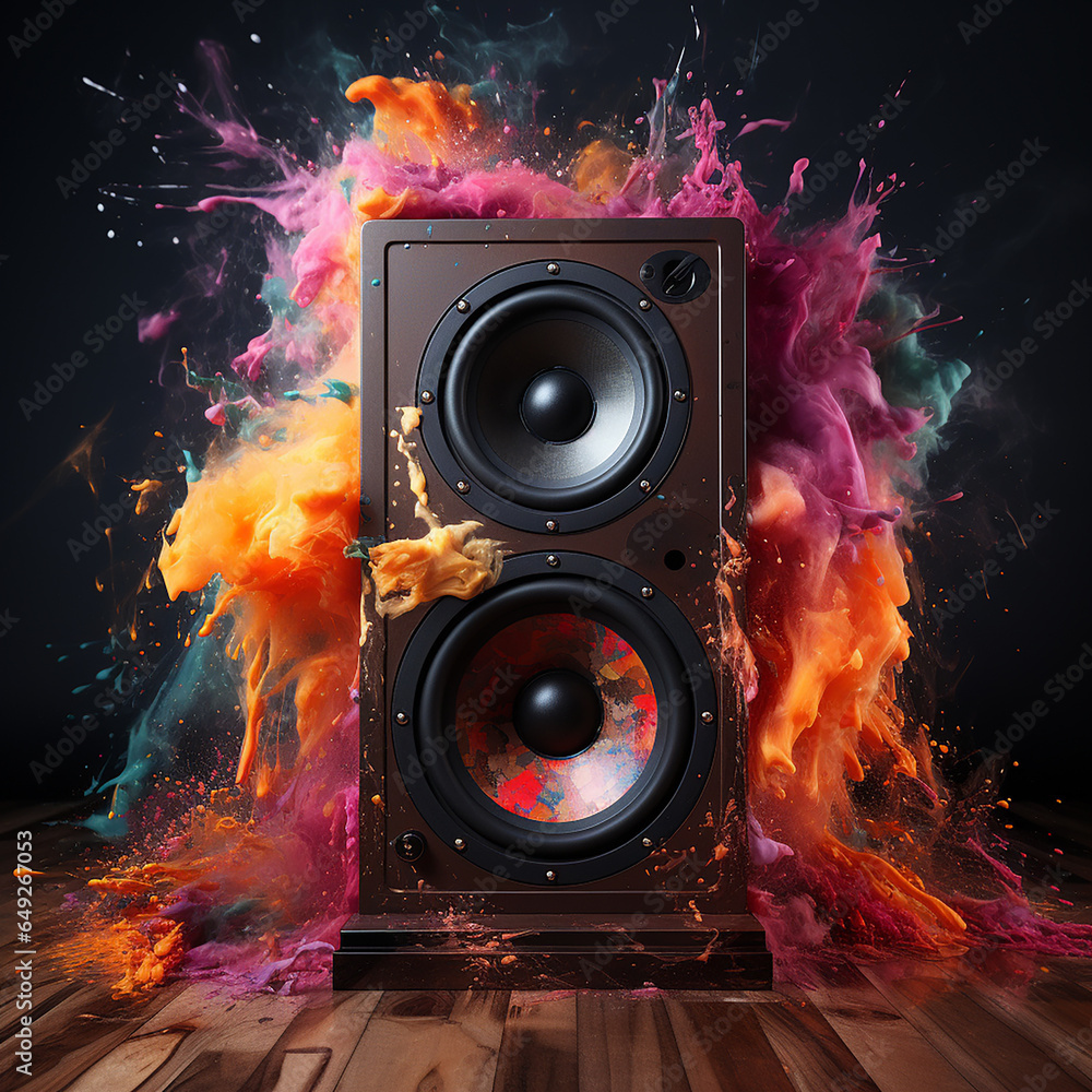 Powerful music concept. Musical speaker in multi-colored smoke. AI generation.. - obrazy, fototapety, plakaty 